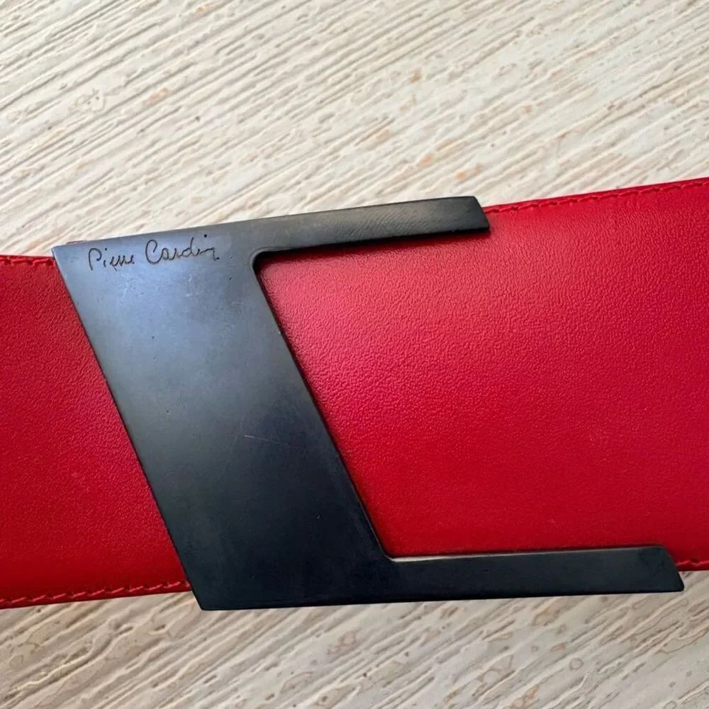 VTG Pierre Cardin Red Leather Metal Buckle Wide Belt Size 75
